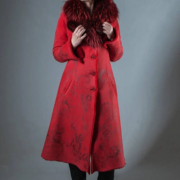 Genuine Sheepskin Fur Red Penny Lane Coat With Fox Fur Collar - Picture 9 of 11